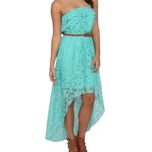 Trixxi Teal Lace High Low Dress with Braided Faux Leather Belt
